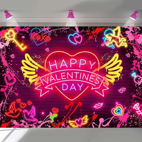 Happy Happy Valentine's Day Banner Backdrop 7x5ft Neon Red Graffiti Paint Heart Valentines Day Photography Background Valentines موضوع رومانسي رومانسي للزخارف الحزب لافتة (7x5ft (82 × 59 بوصة) in Kuwait