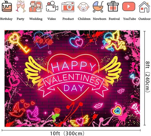 Happy Happy Valentine's Day Banner Backdrop 7x5ft Neon Red Graffiti Paint Heart Valentines Day Photography Background Valentines موضوع رومانسي رومانسي للزخارف الحزب لافتة (7x5ft (82 × 59 بوصة) in Kuwait
