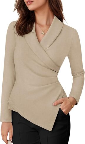 Womens Long Sleeve Tops Dressy Casual Work Blouses Asymmetrical Slim Fit V Neck Wrap Shirts 2025 in Kuwait