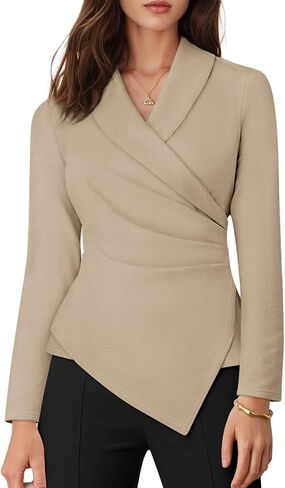 Womens Long Sleeve Tops Dressy Casual Work Blouses Asymmetrical Slim Fit V Neck Wrap Shirts 2025 in Kuwait