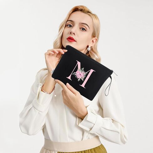 Vavabox A-Z Personalized Makeup Bag, Birthday Gifts for Women Mom, Gifts for Best Friend, Bride Bridesmaid Cosmetic bag (M, Black) in Saudi Arabia