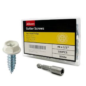 Self-Tapping Gutter Screws White Painted Hex Head #8 x 1/2" Zinc Plated Finish, 100 Pieces, Socket Bit Included