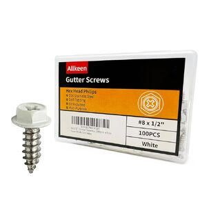 White Painted Self Tapping Gutter Screws #8 x 1/2" Hex Head Downspout Sheet Metal Screws, 100 Pieces