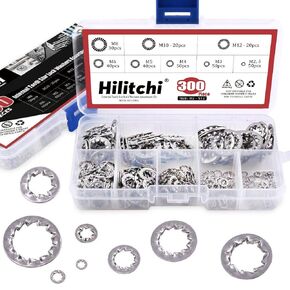 Hilitchi 300-Pcs 304 Stainless Steel External Tooth Star Lock Washers Assortment Kit - Included: M2.5 M3 M4 M5 M6 M8 M10 M12