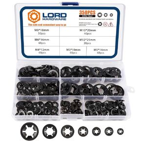 350Pcs Internal Tooth Star Lock Washers M3/M4/M5/M6/M8/M10/M12 Push On Speed Clips Fasteners Assortment Kit (Black)
