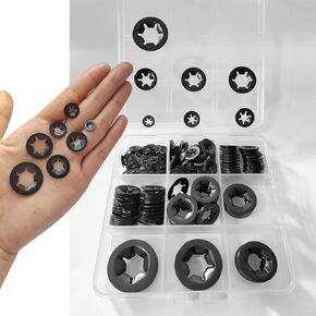350 Pcs Internal Tooth Starlock Locking Washers, Push On Speed Clips Fasteners Washers Assortment Kit, Quick Speed 65Mn Black Clips Lock Washers GL014 - M3/M4/M5/M6/M8/M10/M12