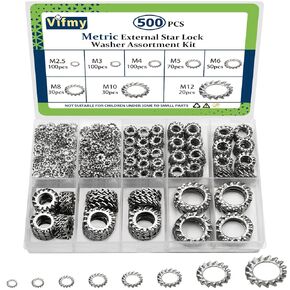 530PCS Internal Tooth Star Lock Washers, M3 M4 M5 M6 M8 M10 M12 Quick Speed Locking Washers Assortment Kit, Stainless Steel Push on Locking Washer