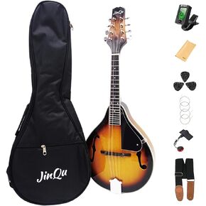 Model A mandolin instrument for beginners, children, adults; 8-string acoustic mandolin selection of spruce and Sabili; Starter kit: Tuner, strings, straps, pick, wipe cloth,Sunburst