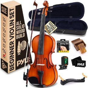 Pyle Full Size Beginner Violin Starter Kit, Violin Starter Package with Travel Case & Bow, Extra Strings, Digital Tuner, Shoulder Rest & Cleaning Cloth for Students, Kids, Adults