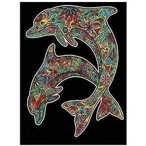 Dolphins Color Velvet Poster for Kids and Adults- Marine Life- Arts and Craft Kit Includes a 11.75" x 8.25" Picture and 12 Watercolor Markers- Ideal for Travel