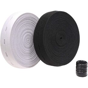 2 Colors Elastic Sewing Bands 11 Yards 3/4 Inch Flatback Black and White Sewing Bands Spool With Buttonhole, Knit Stretch Cord Belt with 10Pcs 18mm Black Resin Button (3/4")