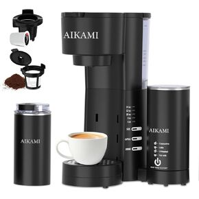 4 IN 1 Mini Coffee Maker Single Serve with Milk Frother and Coffee Grinder, Coffee Makers for K Cup & Ground, 6 to 14 Oz Brew Sizes, Coffee Machine with Water Window and Descaling Function, Black