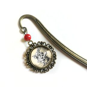Alice In Wonderland White Rabbit Brass Bookmark with Reversed Decoupage Glass Cabochon