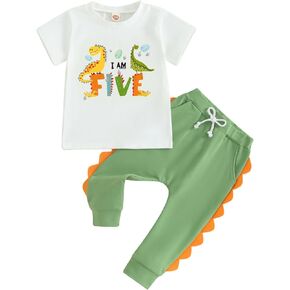 Toddler Baby Boy Birthday Outfit 1st-5th Dinosaur Romper Shirt Joggers Pant Set 1 2 3 4 5 Yr Birthday Outfit Boy