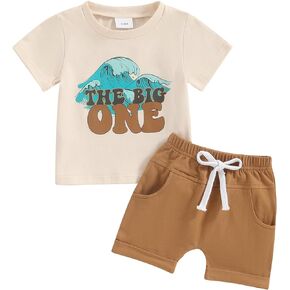 2Pcs Baby Boy 1st Birthday Outfit The Big One Wave Short Sleeve T-Shirt Tops Shorts Pants Set Summer Clothes
