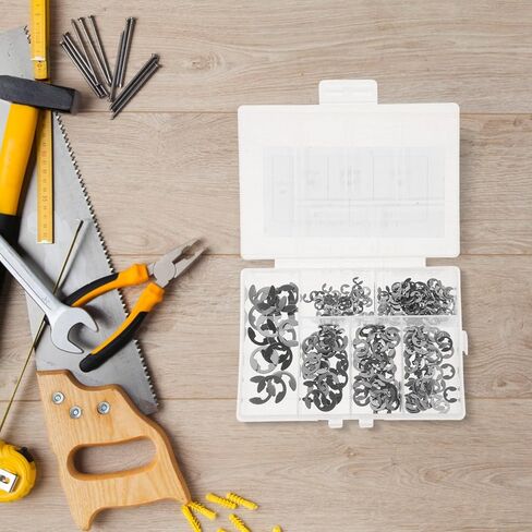 غسالات من الفولاذ المقاوم للصدأ 300 قطعة 304 غسالة مفتوحة من النوع E-Type Circlips مجموعة متنوعة من حلقات التثبيت الدائرية من النوع E لفتح مجموعة متنوعة من الحلقات الدائرية in Kuwait