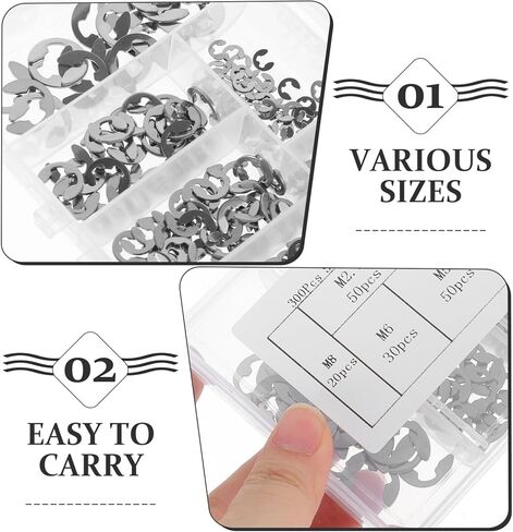 غسالات من الفولاذ المقاوم للصدأ 300 قطعة 304 غسالة مفتوحة من النوع E-Type Circlips مجموعة متنوعة من حلقات التثبيت الدائرية من النوع E لفتح مجموعة متنوعة من الحلقات الدائرية in Kuwait