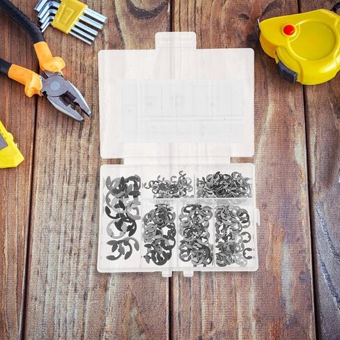 غسالات من الفولاذ المقاوم للصدأ 300 قطعة 304 غسالة مفتوحة من النوع E-Type Circlips مجموعة متنوعة من حلقات التثبيت الدائرية من النوع E لفتح مجموعة متنوعة من الحلقات الدائرية in Kuwait