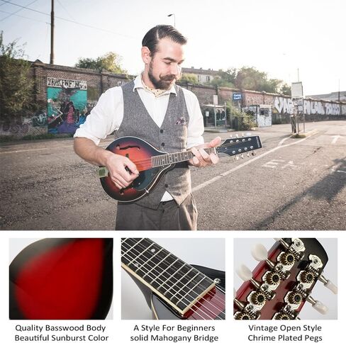 Mandolin A Style Acoustic 8 String Mandolins Electric Mandolins Instrument خشب التنوب مع أوتار موالف، حزام حقيبة أزعج يختار شماعات للبالغين المبتدئين (Redbrust-Electric) in Kuwait