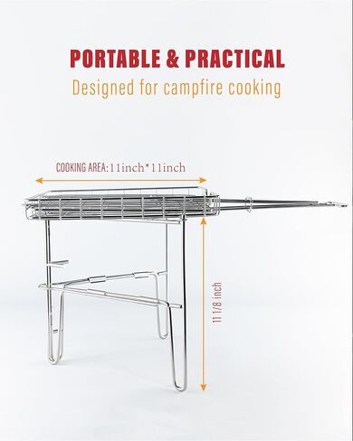 Portable Stainless Steel Grill Basket with Foldable Stand – Ideal for Camping, and Outdoor Cooking. Compact, Durable and Rust-Resistant. Perfect for Grilling Fish and Vegetables over Campfires in Saudi Arabia