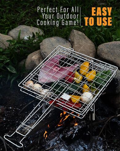 Portable Stainless Steel Grill Basket with Foldable Stand – Ideal for Camping, and Outdoor Cooking. Compact, Durable and Rust-Resistant. Perfect for Grilling Fish and Vegetables over Campfires in Saudi Arabia