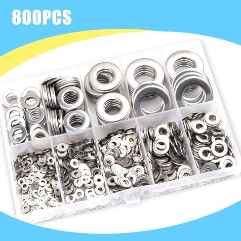 800 PCS Car Flat Washers, Sealing Washers with Plastic Box, O-Shape Rings Assortment Kit, Stainless Steel Washers Kit, Auto Sealing Part Replacements, Universal for Most Cars, Trucks (Silver) in Saudi Arabia