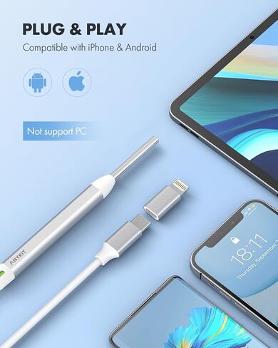 كاميرا أذن صغيرة بمنفذ USB، منظار الأذن الرقمي البصري Anykit بقطر 3.9 مم مع 6 مصابيح LED وأداة إزالة شمع الأذن للبالغين والأطفال، متوافقة مع iPhone وAndroid in Kuwait