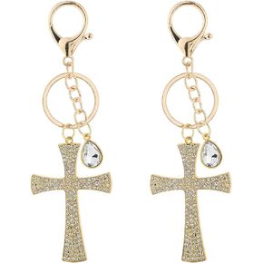 1Box 2Pcs Cross Key Chain Charm Rhinestone Cross Keychain Large Golden Alloy Crystal Clap Teardrop Blessed Holy Sparkling Cross Key Ring for Women DIY Bag Hanging Car Keys Purse Decoration in Kuwait