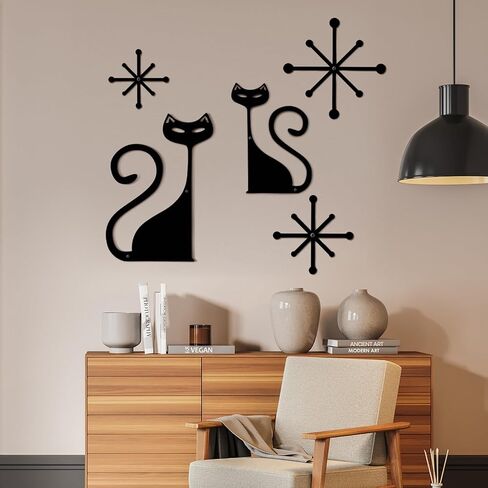 Wesiti 5 PCS Mid Century Modern Atomic Cat Wall Decor Vintage Style Metal Wall Art Black Cartoon Cart and Atomic Stars Retro Reshetic Cute Home Decoration for Bedroom Kitch Bather Boather. in Kuwait