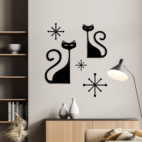 Wesiti 5 PCS Mid Century Modern Atomic Cat Wall Decor Vintage Style Metal Wall Art Black Cartoon Cart and Atomic Stars Retro Reshetic Cute Home Decoration for Bedroom Kitch Bather Boather. in Kuwait