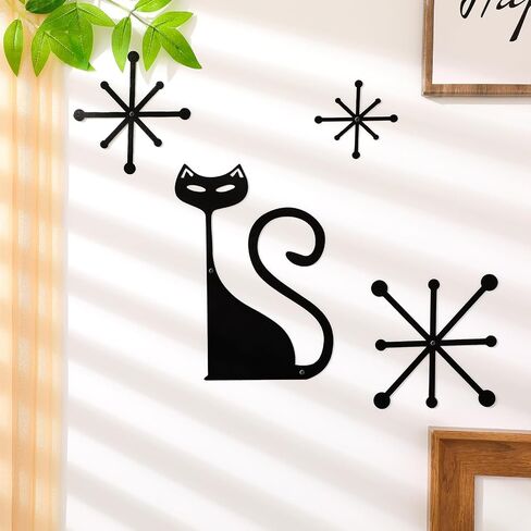 Wesiti 5 PCS Mid Century Modern Atomic Cat Wall Decor Vintage Style Metal Wall Art Black Cartoon Cart and Atomic Stars Retro Reshetic Cute Home Decoration for Bedroom Kitch Bather Boather. in Kuwait
