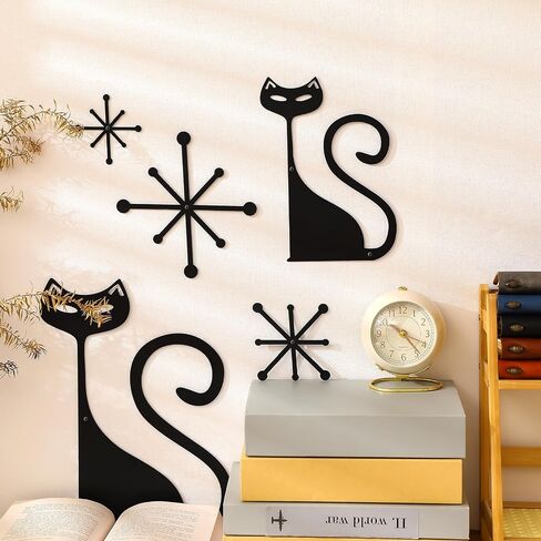 Wesiti 5 PCS Mid Century Modern Atomic Cat Wall Decor Vintage Style Metal Wall Art Black Cartoon Cart and Atomic Stars Retro Reshetic Cute Home Decoration for Bedroom Kitch Bather Boather. in Kuwait