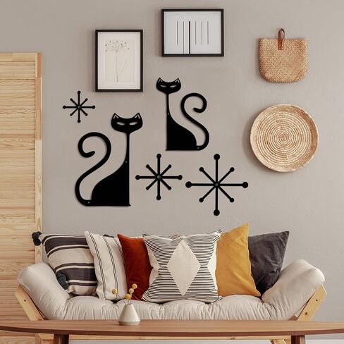 Wesiti 5 PCS Mid Century Modern Atomic Cat Wall Decor Vintage Style Metal Wall Art Black Cartoon Cart and Atomic Stars Retro Reshetic Cute Home Decoration for Bedroom Kitch Bather Boather. in Kuwait
