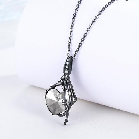 Skull Necklace 925 Sterling Silver Skeleton Skull Hand Pendant Necklace with Heart Crystal Gothic Punk Skeleton Jewelry Gifts for Women Christmas Halloween Birthday in Saudi Arabia
