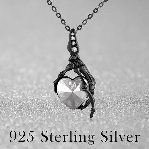 Skull Necklace 925 Sterling Silver Skeleton Skull Hand Pendant Necklace with Heart Crystal Gothic Punk Skeleton Jewelry Gifts for Women Christmas Halloween Birthday in Saudi Arabia