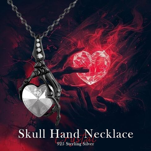 Skull Necklace 925 Sterling Silver Skeleton Skull Hand Pendant Necklace with Heart Crystal Gothic Punk Skeleton Jewelry Gifts for Women Christmas Halloween Birthday in Saudi Arabia