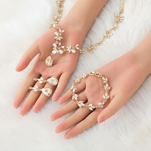 Gold Prom Jewelry Sets For Women Elegant Crystal Necklace Earrings Bracelet Bridal Wedding Jewelry Sets For Brides Bridesmaids Wedding Party Mother Wife Daughter Sister in Saudi Arabia