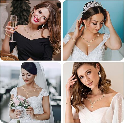Gold Prom Jewelry Sets For Women Elegant Crystal Necklace Earrings Bracelet Bridal Wedding Jewelry Sets For Brides Bridesmaids Wedding Party Mother Wife Daughter Sister in Saudi Arabia