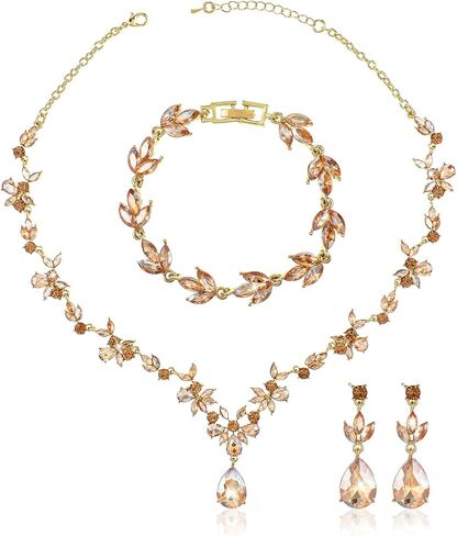 Gold Prom Jewelry Sets For Women Elegant Crystal Necklace Earrings Bracelet Bridal Wedding Jewelry Sets For Brides Bridesmaids Wedding Party Mother Wife Daughter Sister in Saudi Arabia