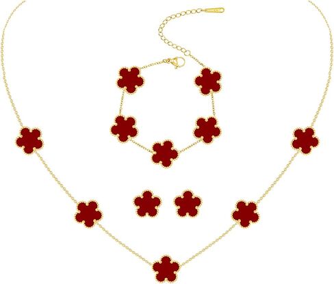 Gold Plated Stainless Steel Four Leaf Clover Bracelet, Necklace and Stud Jewelry Set for Women in Kuwait