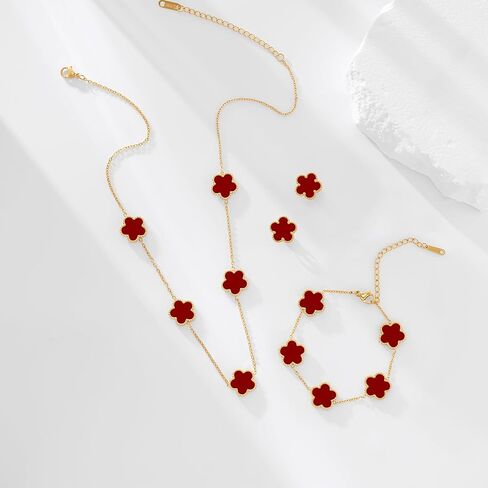 Gold Plated Stainless Steel Four Leaf Clover Bracelet, Necklace and Stud Jewelry Set for Women in Kuwait