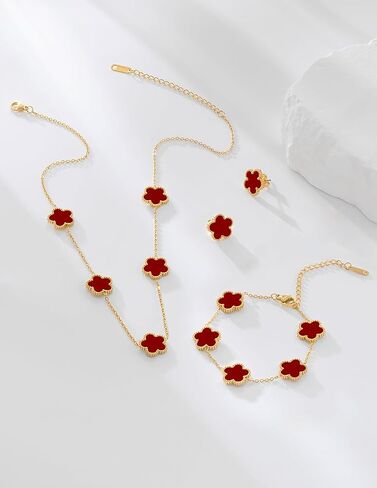 Gold Plated Stainless Steel Four Leaf Clover Bracelet, Necklace and Stud Jewelry Set for Women in Kuwait