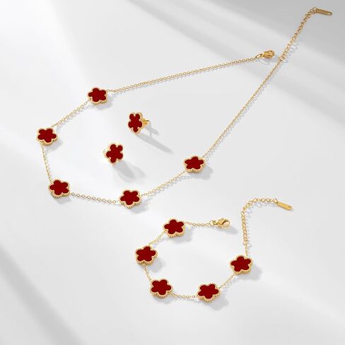 Gold Plated Stainless Steel Four Leaf Clover Bracelet, Necklace and Stud Jewelry Set for Women in Kuwait