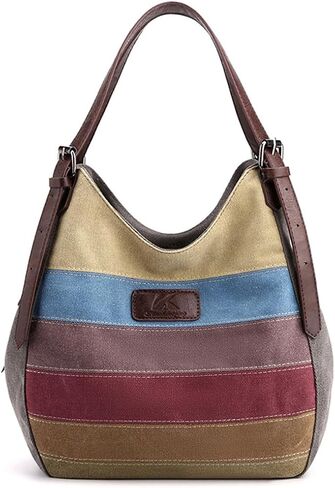 Women Canvas Shoulder Bag Multi-Colour Striped Handbag Large Capacity Top Handle Bag Casual Hobo Bag Tote Bag in Saudi Arabia