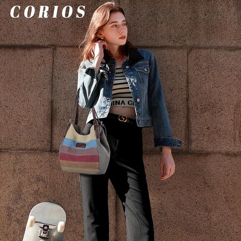 Women Canvas Shoulder Bag Multi-Colour Striped Handbag Large Capacity Top Handle Bag Casual Hobo Bag Tote Bag in Saudi Arabia