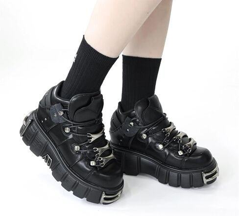 Kluolandi منصة المعادن للسيدات القوطية أحذية الشرير على غرار أحذية القتال القتالية في الكاحل bootie biker biker biker boots in Kuwait