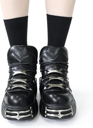 Kluolandi منصة المعادن للسيدات القوطية أحذية الشرير على غرار أحذية القتال القتالية في الكاحل bootie biker biker biker boots in Kuwait