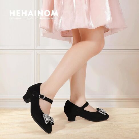 Hehainom Girls Mary Jane Dress Shoes Rhinestones Bows Flower Girl Wedding Princess Low Heels Toddler Little Kids Pump Shoes in Saudi Arabia