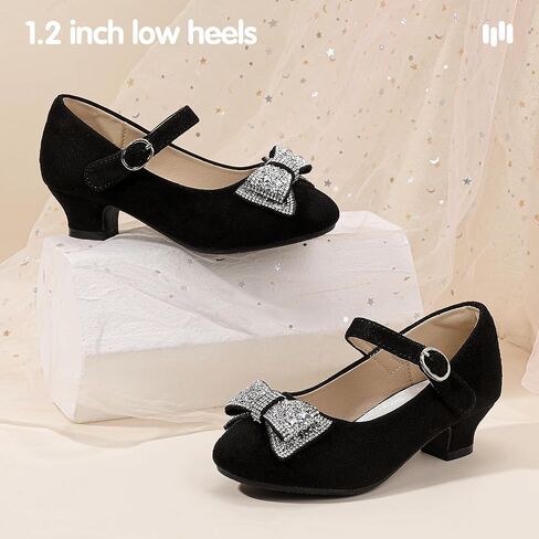 Hehainom Girls Mary Jane Dress Shoes Rhinestones Bows Flower Girl Wedding Princess Low Heels Toddler Little Kids Pump Shoes in Saudi Arabia