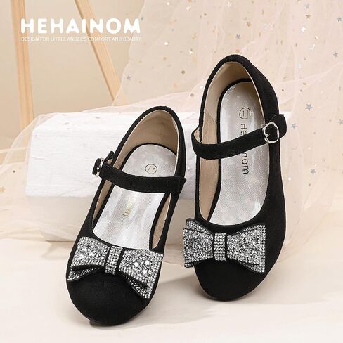 Hehainom Girls Mary Jane Dress Shoes Rhinestones Bows Flower Girl Wedding Princess Low Heels Toddler Little Kids Pump Shoes in Saudi Arabia